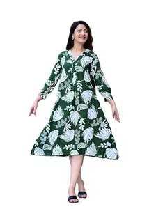 BHAGYESH FASHION Women's Green A-Line Rayon Kurta | All-Over Printed Stylish Ethnic Dress | Flared Casual & Festive Kurti for Women