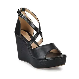 Shoeshion Women's Buckle Closer, TPR Sole, Strapy Slingback Wedges Sandal For Office Party & Occasions. (Black, numeric_7)