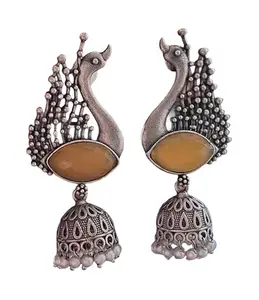 Traditional Oxidized Silver Jhumka Earrings, Peacock Design with Gemstone, Antique Tribal Indian Jewellery