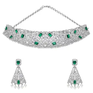VOYLLA CZ Elegance Green and White Gems Necklace Set