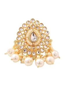 SARAF RS JEWELLERY Gold Plated White Kundan Adjustable Ring, Pearl Beaded Ring for Women