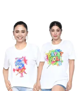 SWAGATA Enterprise Regular Fit Graphic Printed Air Jet Half Sleeve Holi T-Shirt for Women |Casual,Stylish Round Neck Holi T-Shirt| Pack of 2 -White/Multi 27_L