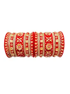 COLORIQUE Velvet Bridal Lac Chuda Set with Gold-Plated Crystal Flower Design, Crystals and Kundan, For Occasion like Wedding, Party, Festival etc (RED, 28)