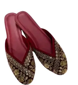 Women's Velvet House Slippers with Gold Embroidery, Burgundy, Indoor Slip-On (Silver, UK Footwear Size System, Adult, Women, Numeric, Medium, 6)