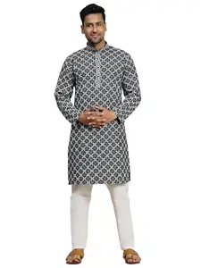 Pro-Ethic Style Developer Men's Cotton Floral Printed Kurta Pajama Set | Mandarin Collar | Floral Print (A-119) (Black, XL)