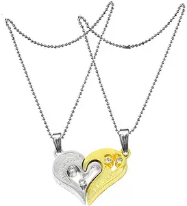 Uniqon Unisex Valentine's Day Special Metal Stainless Steel I Love You Diamond Nug Broken Heart Romantic Love Couple Golden And Silver 2 In 1 Beautiful Duo Locket Pendant Necklace With Chain