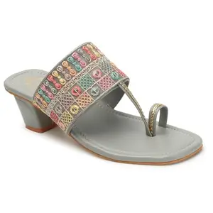 DIPYO Floral Embroidered Ethnic Block Heel Slip-On Sandals For Women