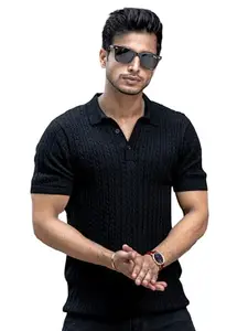 Maniac || Mens || Black|| Ripple Knit || Polo Tshirt || Half Sleeve