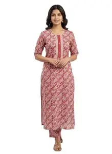 Women’s Ajrakh Print Kurta Pant Set – Traditional Block Print Ethnic Suit, Stylish Straight Kurti with Printed Pants, Casual & Festive Cotton Ethnic Outfit