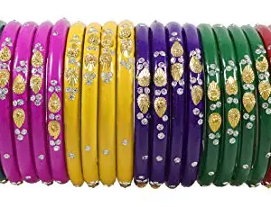 ZULKA Glass with Zircon Gemstone Or Beads Studded worked Glossy Finished Kada Set For Women and Girls, (MultiColour_2.6 Inches), Pack Of 24 Kada Set