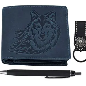 URBAN FOREST Ghost Vintage Blue Leather Wallet, Keychain & Pen Combo Gift Set for Men
