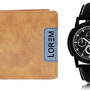 LOREM Orange Color Faux Leather Wallet & Black, White Analog Watch Combo for Men | WL11-LR13
