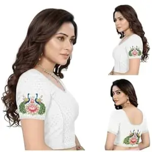 PAARTH ENTERPRISE PAARTH ENTREPRISE Women Cotton Blend Round Neck Short Sleeve Readymade Saree Blouse
