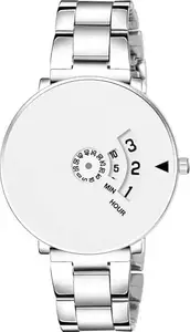 Analog Functioning Men's Wrist Watch, Metallic Silver Stainless Steel Chain Strap