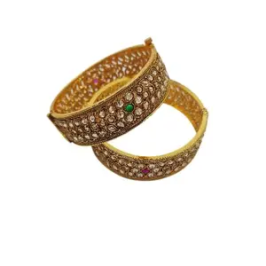 MEHAK CURATORS Traditional Gold Plated Ad Stone Crystal Screw Bangles Kada Kangan for Women and Girls set of 2 (2.4)