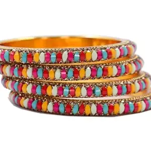 PINK GALAXY Women's Brass Beads Anandi Style Traditional Non Allergic Lac Bangles 4 Pieces (2.4)