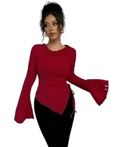 GORBETALI Ribbed Bell Sleeve | Round Neck Slim Fit Stretchable for Casual