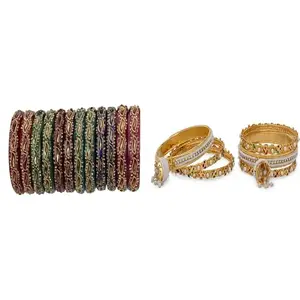 Somil Combo Bangles Set For Women & Girls | Multi-Color Chudi | Wedding, Festival, Daily & Occasion Use, Pack Of 14, Multicolor, Golden -D169