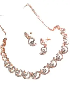 MAD CLUB - When fashion is mad Mad Club Alloy Steel White Artificial Stone Jewellery Set for Womens and Girls with Elegant Design | Comfortable Lightweight Handcrafted Necklace Set for Weddding, Parties, Functions (9001-RoseGolden)