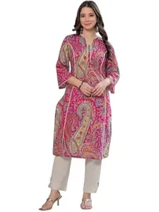 Women's Paisley Print Kurta, 3/4 Sleeve, V-Neck, Knee Length Tunic (in, Alpha, S, Regular, Pink)