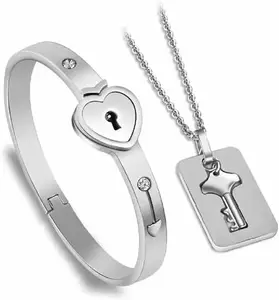 Heer Collection Stainless Steel Lock & Key Bracelet & Chain Pendant (Model : 011) White Grey | Couple Set | Gifting Option