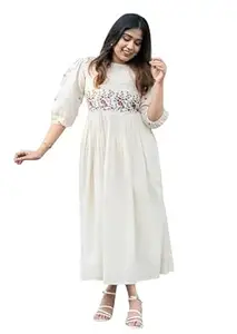 Women's Embroidered Maxi Dress, 3/4 Sleeve, A-Line, Floral Embellished Waist, Ankle Length