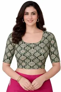 Amazon Brand - Anarva Women's Kalamkari Print Cotton Stretchable Round Neck Readymade Saree Blouse