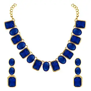 Peora Wedding Square Crystal Necklace with Drop Earrings Indian Traditional Ethnic Jewellery Set for Women Girls (Blue)