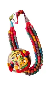 Handmade Durga Rani Necklace Set for Women, Three Layer Red Color, Embroidery with Beads, Diwali Handicraft, Gift for Girlfriend (MULTI CHECK)