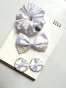 Satin Hair Accessories Combo Set for Girls & Women | Scrunchie, Matching Bow Hair Clip & Hoop Earrings with Pearl & Bow Design (White)