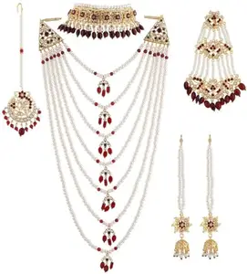 Bridal Hyderabadi Red/Green Ruby Satlada Long Princess Necklace with Jhumka Earrings in Cultured Pearls and Simulated Ruby Emerald beads for Womens & Girls (Complete Maroon Set)