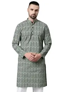 Majestic Man Men's Cotton Regular Fit Casual Mandarin Collar Ethnic Motifs Printed Long Regular Kurta