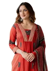 Arayna Women’s Pure Cotton Printed Kurta Pants Dupatta Set | Elephant Motif Ethnic Suit Set | Traditional 3-Piece Set for Women