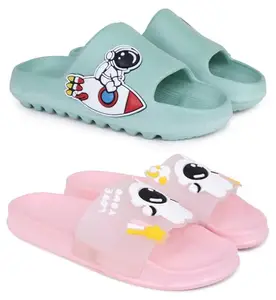 Pampy Angel Combo Pack of 2 Slipper/Flip Flops/Slides for Women,(Tato-Spac-Green,Tra-Space-Pink),37 (Euro)