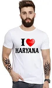 Men's Regular Fit Round Neck White Half Sleeve | I Love Haryana Proud to BE HARYANVI | Printed Design T-Shirt (X-Large)