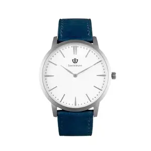 David Bruno Men & Women Analog White Dial Color with Blue Strap Classic Leather Watch_(Silver Case)