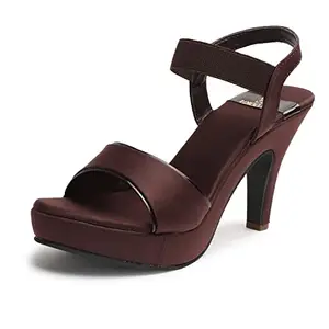 XE Looks Women's Platform Pencil High Heels | Stylish Ankle Strap Open-Toe Sandals for Girls | Cushioned Anti-Skid Sole | Comfortable Heels for Party Casual Wear (Brown)
