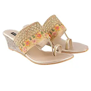 Do Bhai Women Material Synthtic, Color-Gold, Stylish Fashion Heel Sandal, Block Heel, Size-UK3