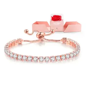 Peora Rose Gold Plated CZ Studded Adjustable Tennis Bracelet Valentines Gift for Women & Girls with Pink Jewellery Box