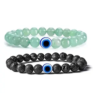 Aanya Gems Natural Multi Stone Gemstone Beaded Bracelet (Pack of 2) (Aventurine,lava with evil)