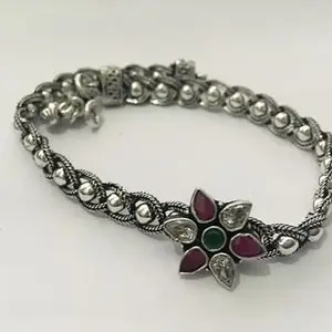 Antique Silver Double Layer Anklet with Floral Ruby Green Stone Design, Traditional Indian Payal