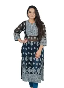 Women's Embroidered Kurti, Black with White Chikankari Embroidery, Sheer Sleeves, Long Length Tunic
