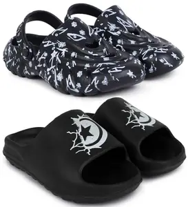 Pampy Angel Combo Pack of 2 Slipper/Flip Flops/Slides/Clogs/Sandals with Adjustable Back Strap for Men,(Cl-N11-Black,Y-Ktstar-Black),6 (UK/India)