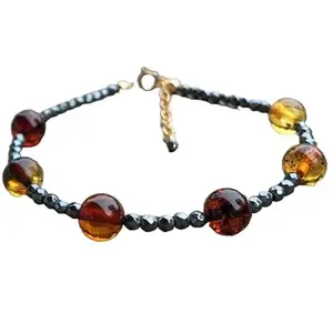 RRJEWELZ Amber & Hematite bracelet for men & women - 3-8mm Round Smooth & Faceted beads - 7 Inch Adjustable with Gold plated clasp – Healing, Fashion, Gift, Spiritual, Yoga|LCBR_RR_06667