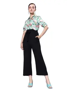 Women's Polyester Printed 3/4th Sleeve Jumpsuit (Green - Black, S)-PID61814