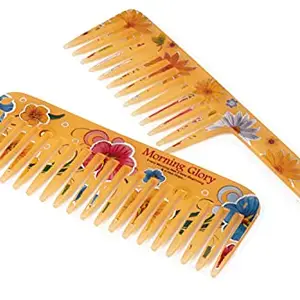 FYNX Wide Teeth Shampoo Combs,Paddle Hair Combs Detangling Hair Brush (Kanga) Combo for Women & Men (Orange Flower Print ) - Set of 2