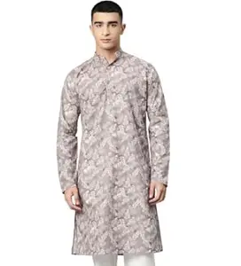 Majestic Man Men’s Regular Fit Ethnic Motifs Printed Pure Cotton Long Kurta with Mandarin Collar & Full Sleeves