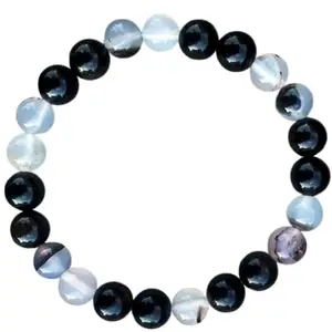 RRJEWELZ Natural Black Flower Agate 8mm Round Shape Smooth Cut Beads 7.5 Inch Stretchable Bracelet For Men & Women. Unisex Bracelet For Healing, Meditation, Prosperity, Gift & Luck|STBR_RR_10166_7.5