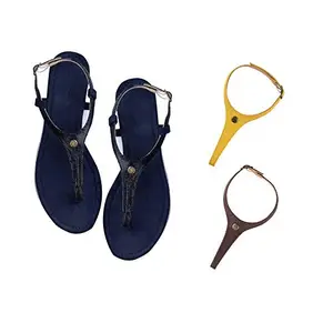 Cameleo -changes with You! Women's Plural T-Strap Slingback Flat Sandals | 3-in-1 Interchangeable Leather Strap Set | Black-Yellow-Brown