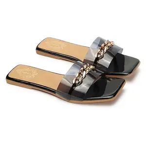 DIPYO Casual Trendy Fashion Coloured Transparent Chain Flats Sandals For Women's & Girls | (Black, 41)